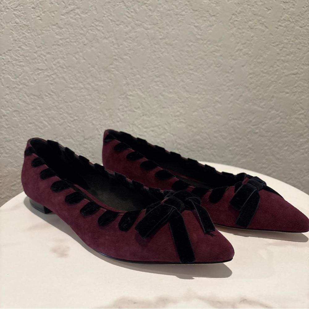 kate spade Burgundy Suede Pointed-Toe Flats with Black Ribbon Trim - Picture 3 of 12